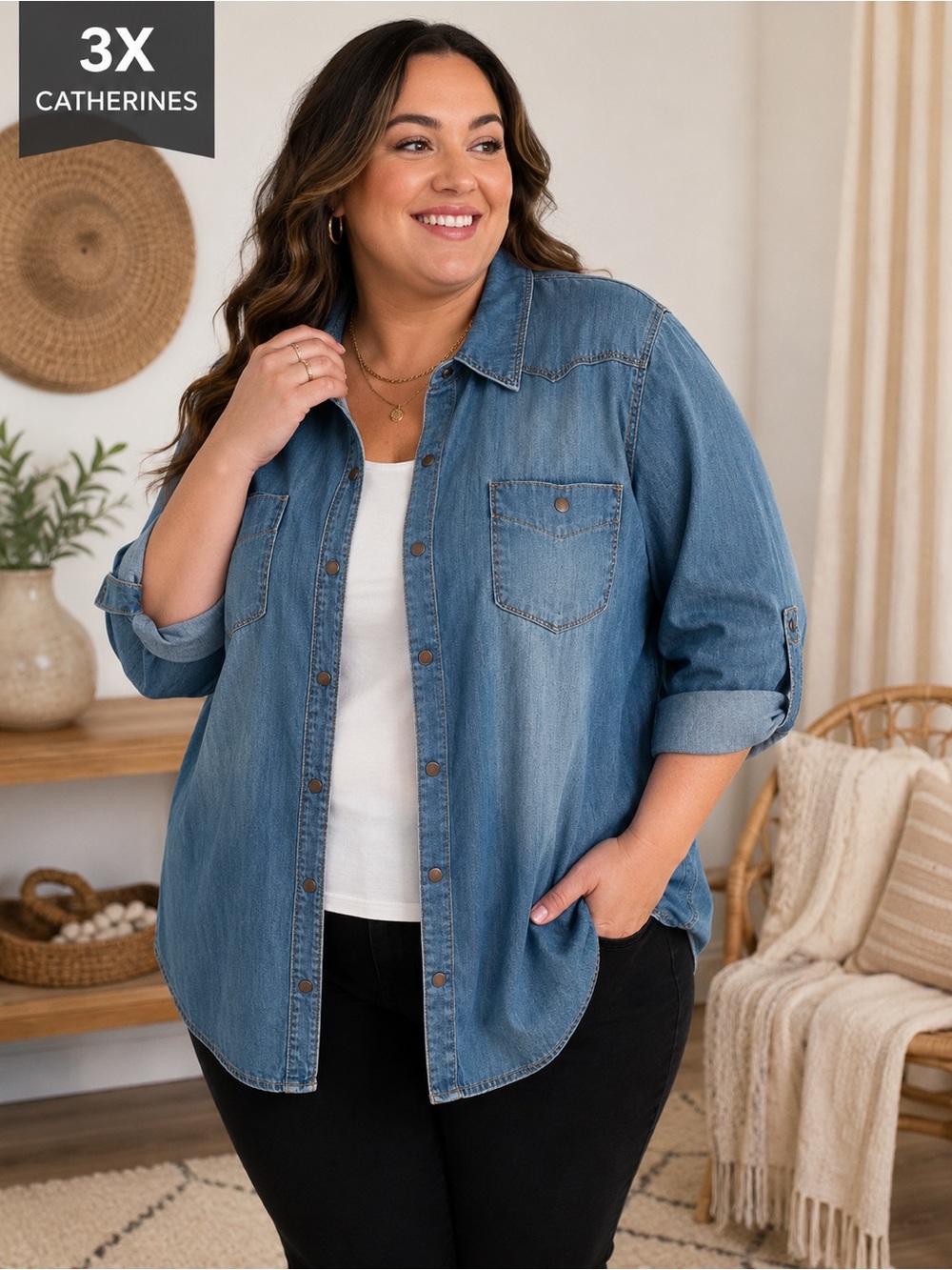 Catherines 3X Denim Chambray Western Shirt Snap Front Plus Size Cowgirl